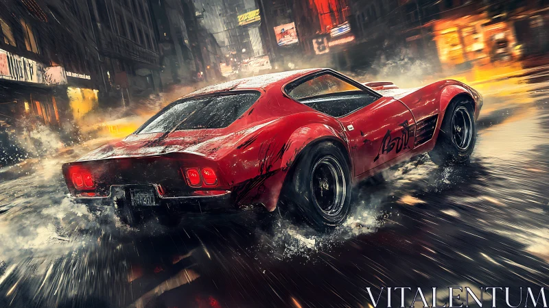 Red muscle car powerslides through neon soaked city streets.