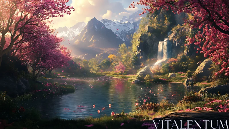 Enchanted spring valley with cherry blossoms and waterfall.