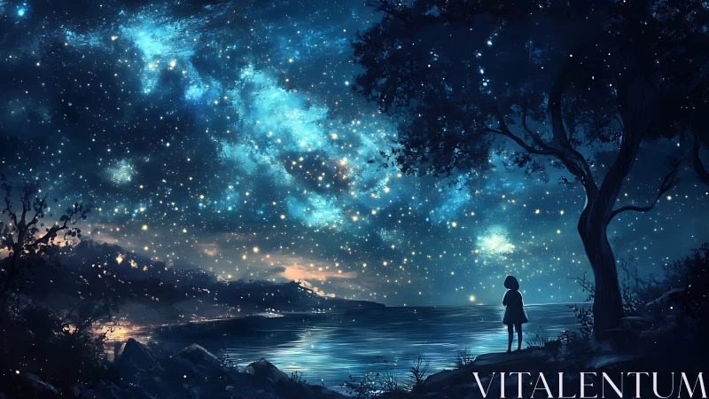 Digital painting of child under starlit coastal night sky.