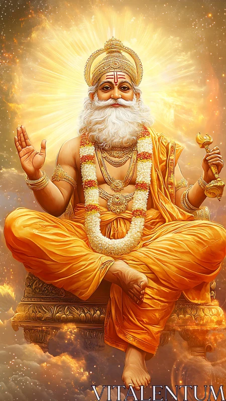 Golden divine sage seated on ornate throne in radiant light.