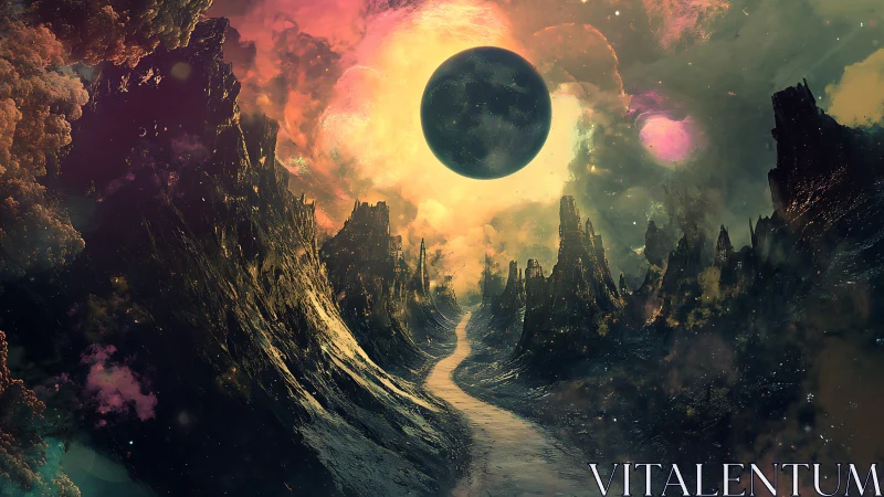 Starlit cosmic valley with glowing sky and distant planet.