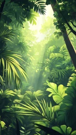 Tropical forest canopy viewed from ground level with diffused light