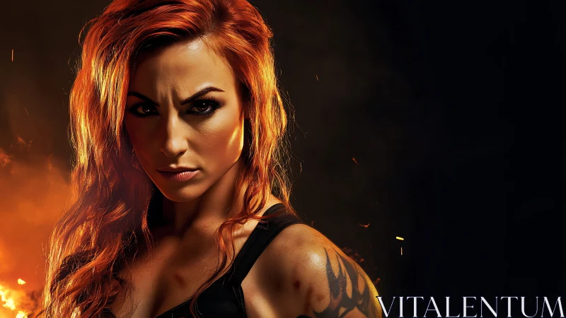 Fiery warrior woman stands strong against a dark backdrop