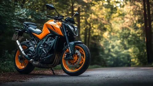 Orange naked sport motorcycle on forest road, side-front view