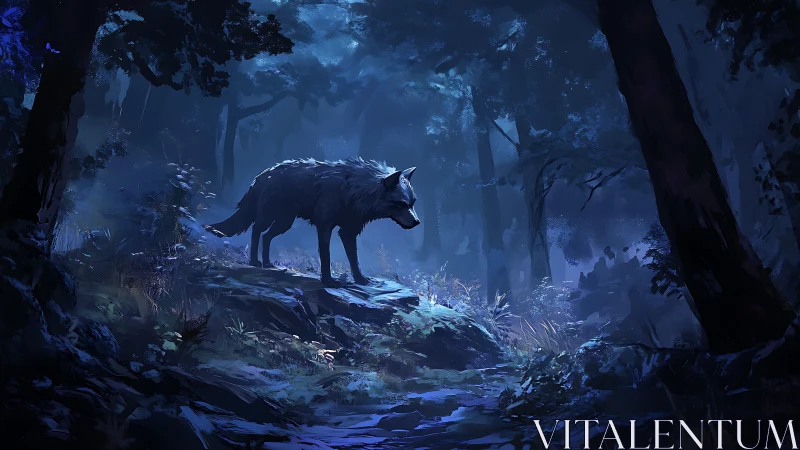 Solitary wolf on forest ridge under muted blue moonlight.