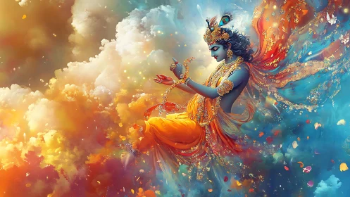 Celestial blue deity in orange robes amid prismatic clouds