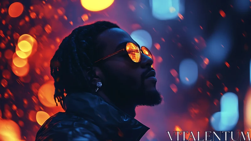 Man in reflective glasses under vivid neon city lights.