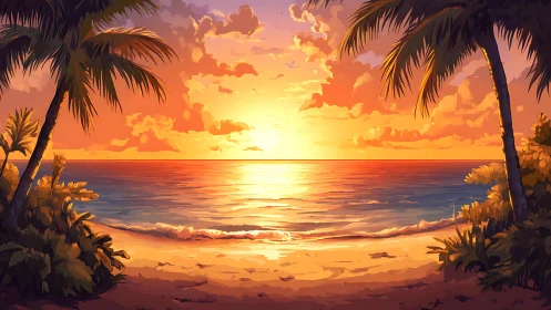 Tropical beach sunset with glowing ocean horizon framed.