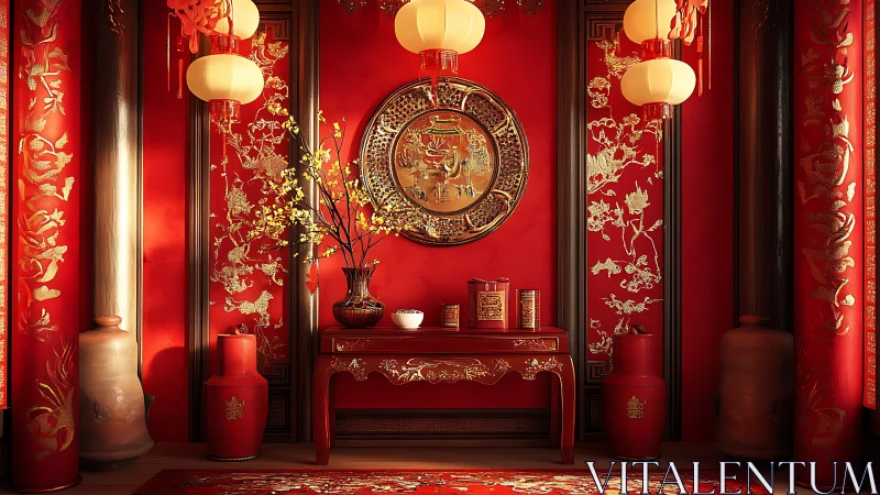 Red Chinese interior with gold altar and hanging lanterns.