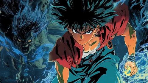 Anime fighter charging attack with spectral demon backdrop.