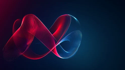 Glowing red and blue light ribbons loop in a dark digital space