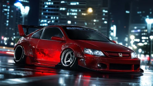 Stanced red Honda Civic with widebody aero kit on wet neon-lit street