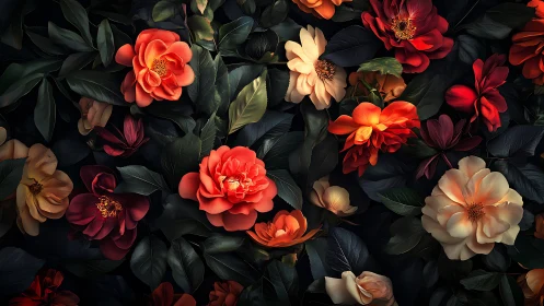 Illuminated full-bloom peonies and roses arranged densely on dark foliage.