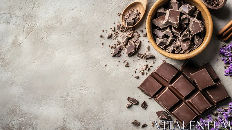 Rustic dark chocolate medley with lilac whispers on stone.