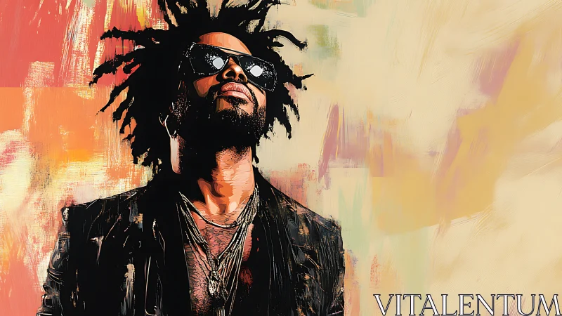 Stylized portrait of cool man in sunglasses against abstract field.