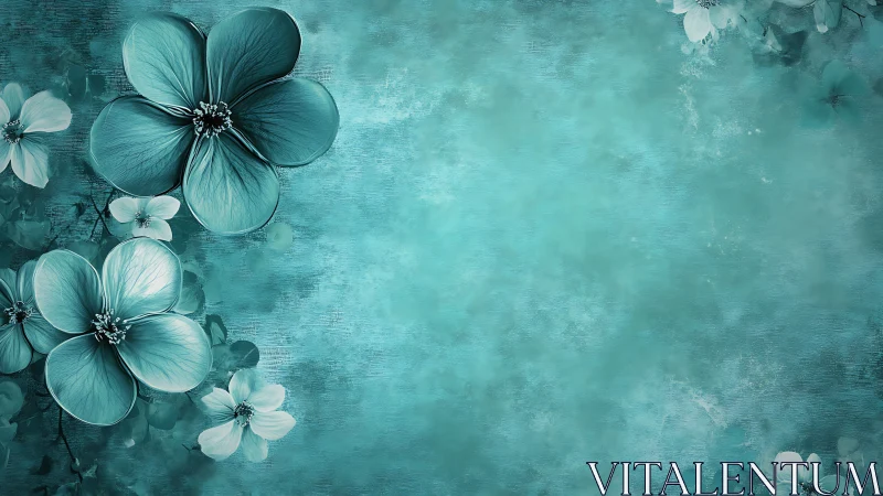 Turquoise Floral Composition with Translucent Petals and Textured Background