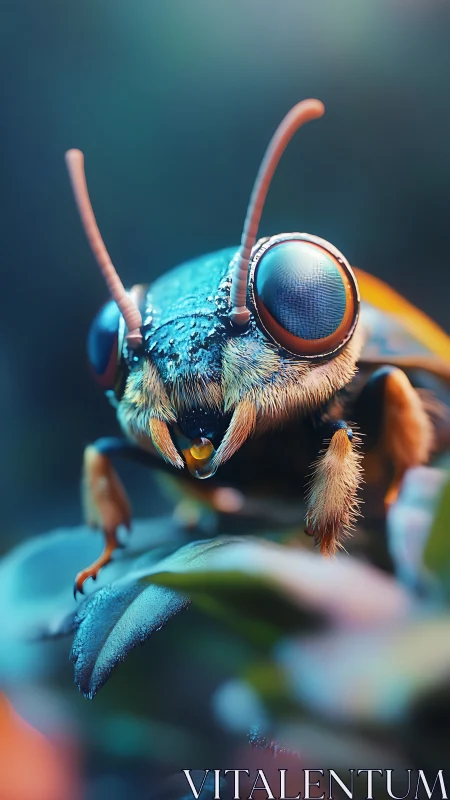Vibrant macro portrait captures dew covered blue bee head