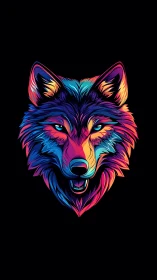Vibrant multicolor wolf head illustration on black background.