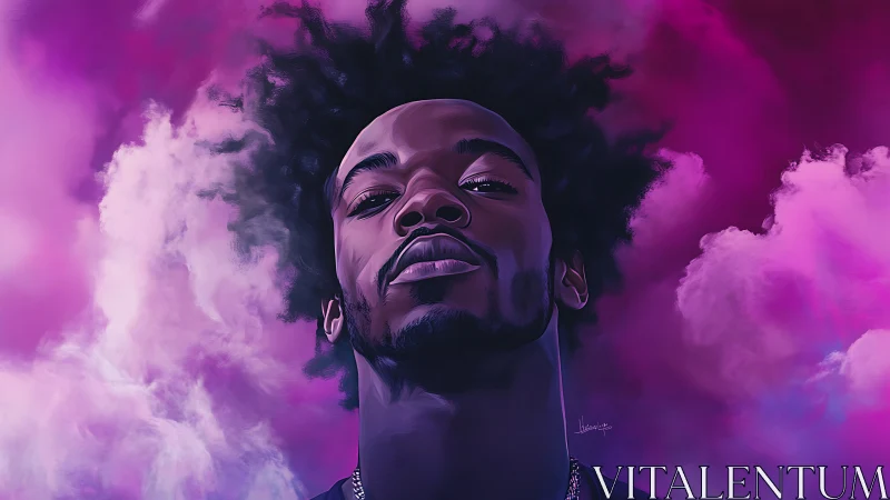 Low-angle digital portrait amid magenta and violet clouds