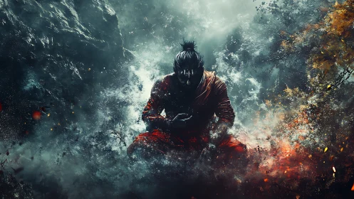 Meditating warrior in storm of fire and mist.