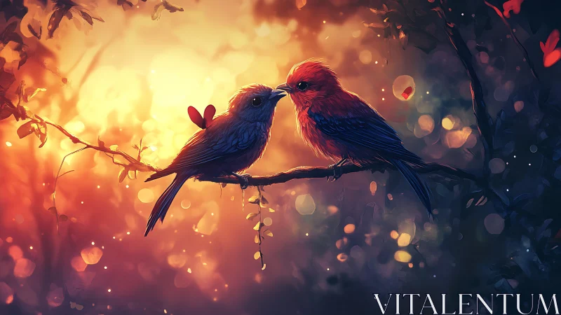 Two Cardinals Perched at Sunset. Golden Hour Avian Moment.