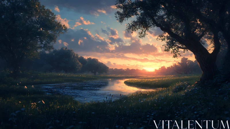 Gentle riverside sunset wrapped in glowing wild meadows.