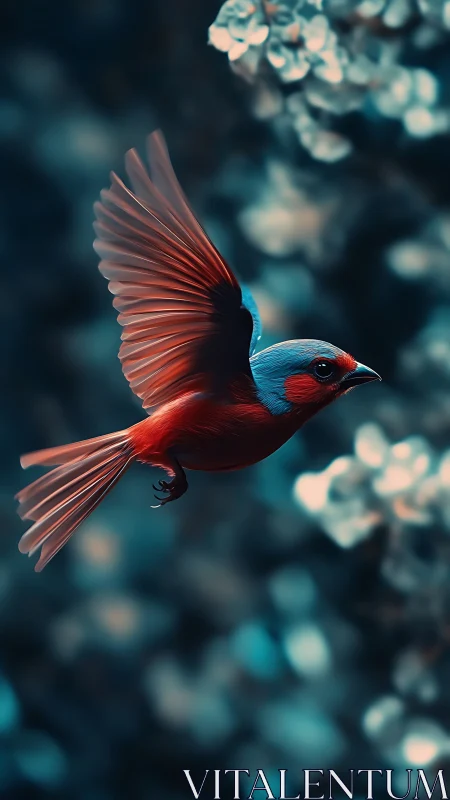 Crimson songbird glides through dreamy teal bokeh forest.