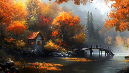 Autumn forest riverside cabin with arched footbridge and mist layering