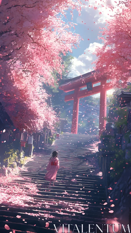 Girl climbs cherry blossom steps toward radiant torii gate.