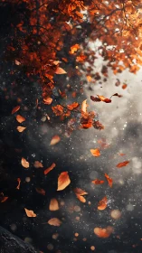 Autumn leaves spiral through glowing backlit forest air