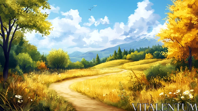 Curving dirt path winds through sunlit golden summer meadow