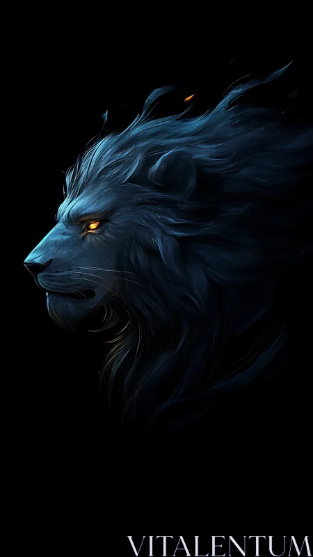 Midnight blue lion profile with blazing amber eye glow.