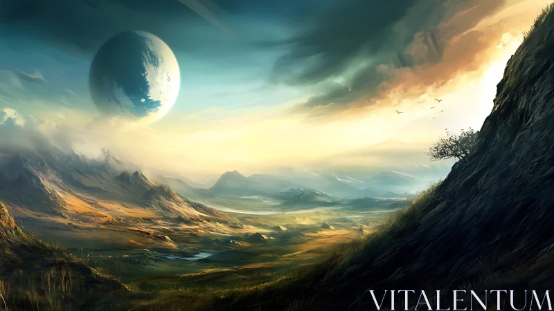 Alien landscape shows vast valley under large distant planet