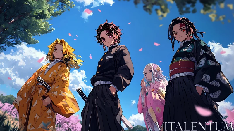 Anime youths in kimonos under blue spring sky.