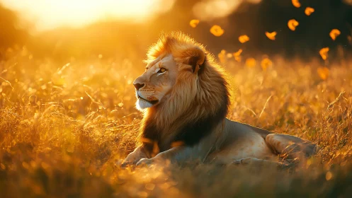 Golden hour lion king lounging in a sunlit savanna dream.