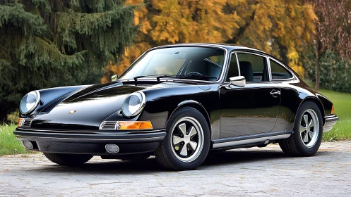 Classic black sports coupe resting beneath autumn trees.