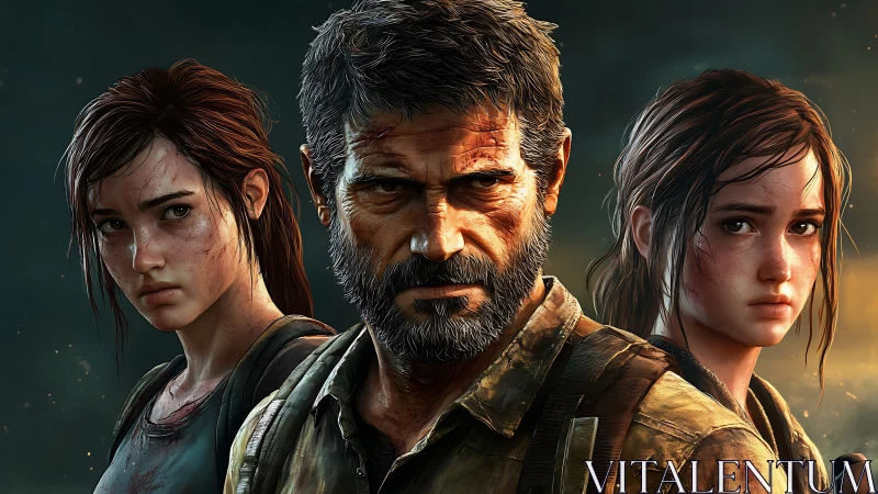 Scarred survivor and twin heroines in cinematic wasteland portrait.