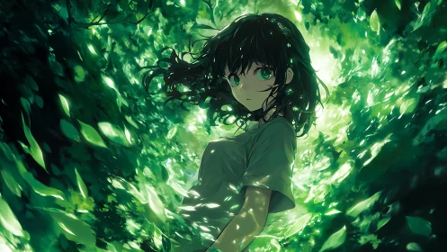 Forest-lit girl drifting through a storm of emerald leaves.