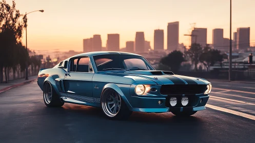 Classic teal muscle car glows against a hazy urban sunrise