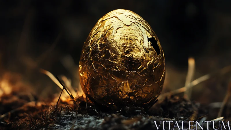 Golden cracked egg rests in soft focus forest floor light.