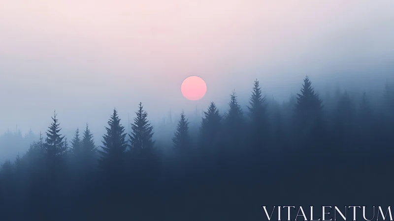 Soft pink sun over mist-laden conifer forest horizon.