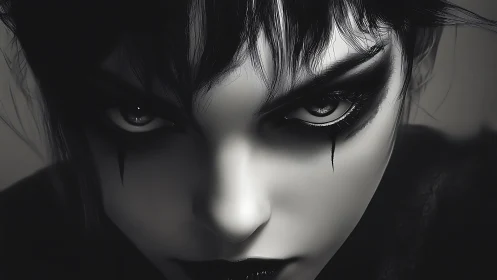 Monochrome close-up of stylized face with heavy eye makeup.