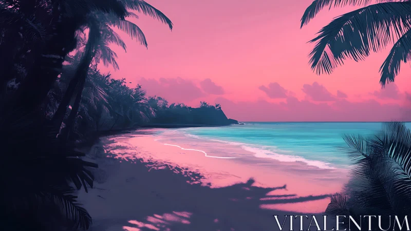 Tropical Beach Sunset with Palm Silhouettes.