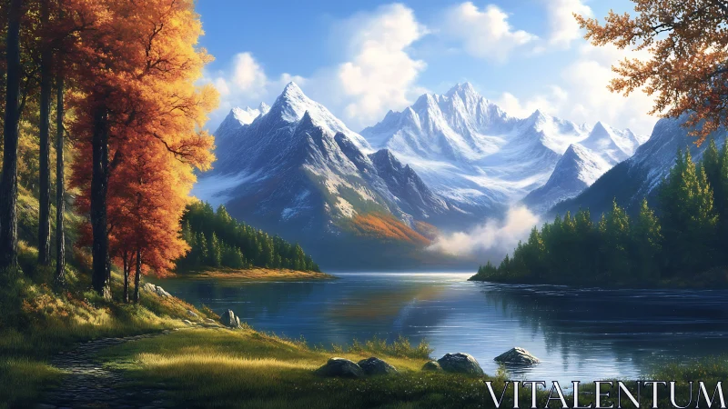 Autumnal lakeshore under glacial alpine ridge illumination.