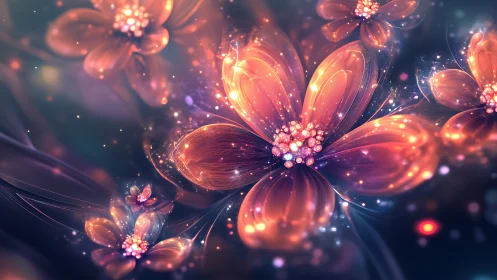 Luminous cosmic blossoms drifting through a dreamy night sky.