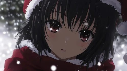 Snow-illuminated anime girl in red hood with reflective eyes