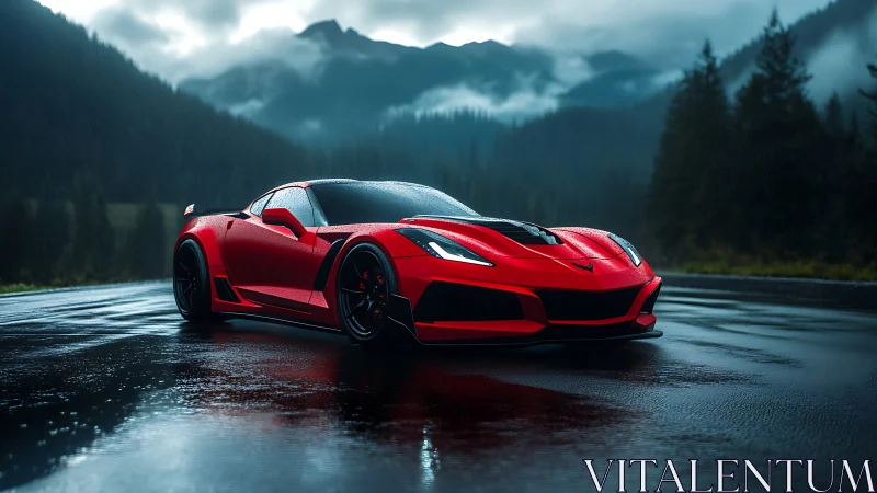 Red supercar gleams on rainy mountain road at dusk.