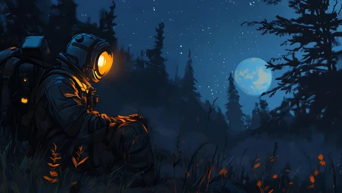 Lone astronaut rests under deep blue forest moonlight.