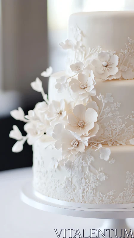 Elegant White Wedding Cake with Delicate Sugar Flowers.