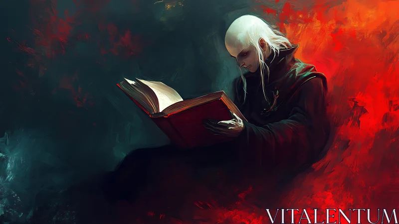 Sorcerer in ember dusk studies a glowing forbidden tome.